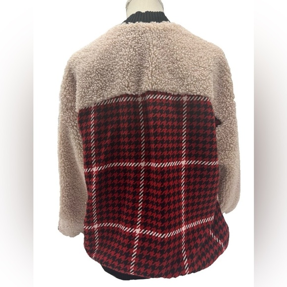 Ro & De Houndstooth Sherpa Jacket Red Tan Black Size Large Preppy Academia - Picture 3 of 8